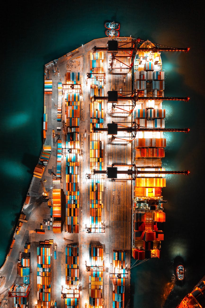 aerial shot of a freighter with cargo containers